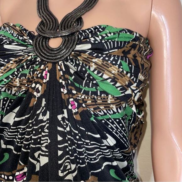 Made in USA top blouse black and chain detail halter style black printed stretch - Picture 5 of 9